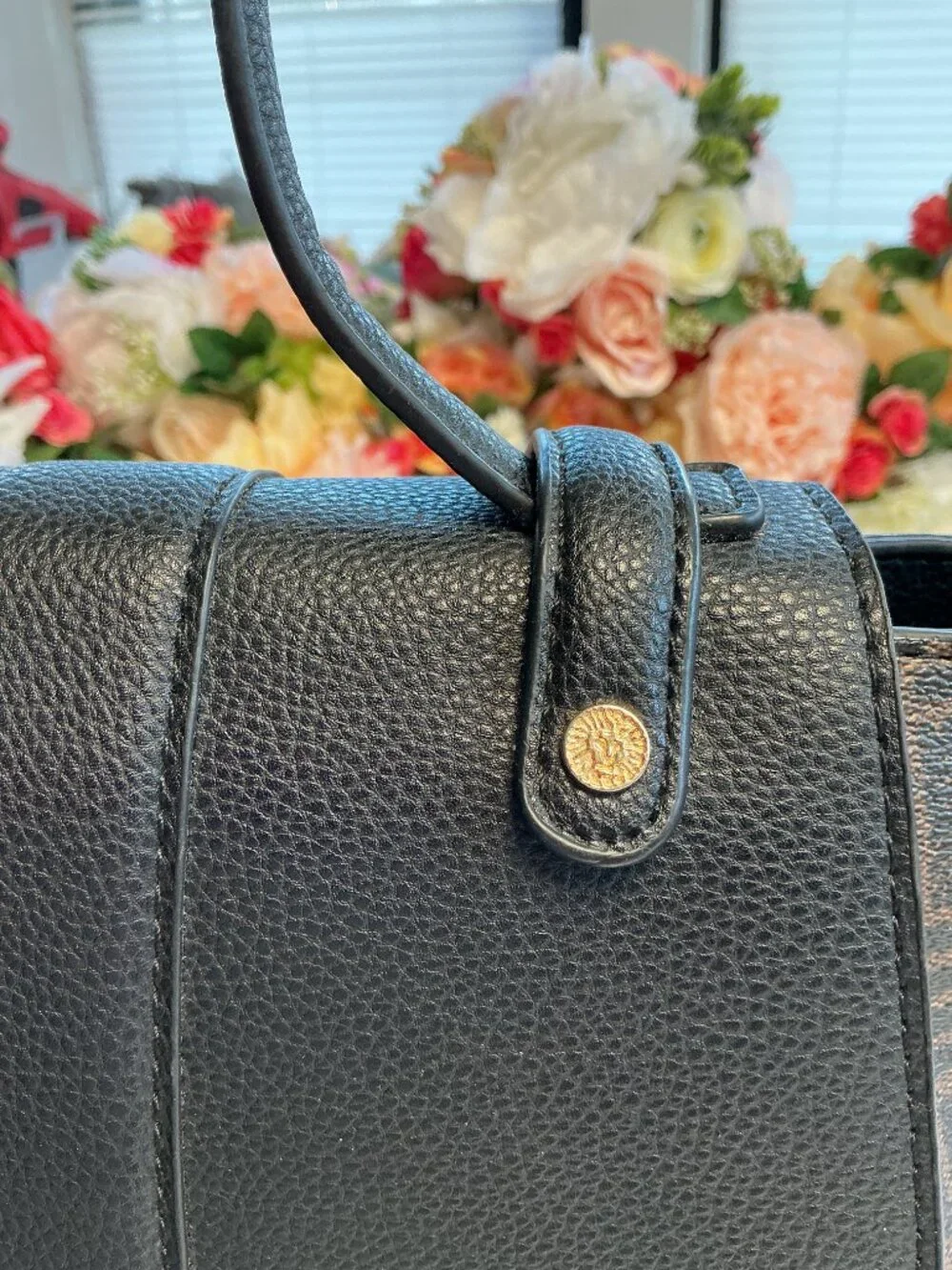 Anne Klein Pebbled Faux Leather Satchel Black Brown Logo Turn Lock Top Handles